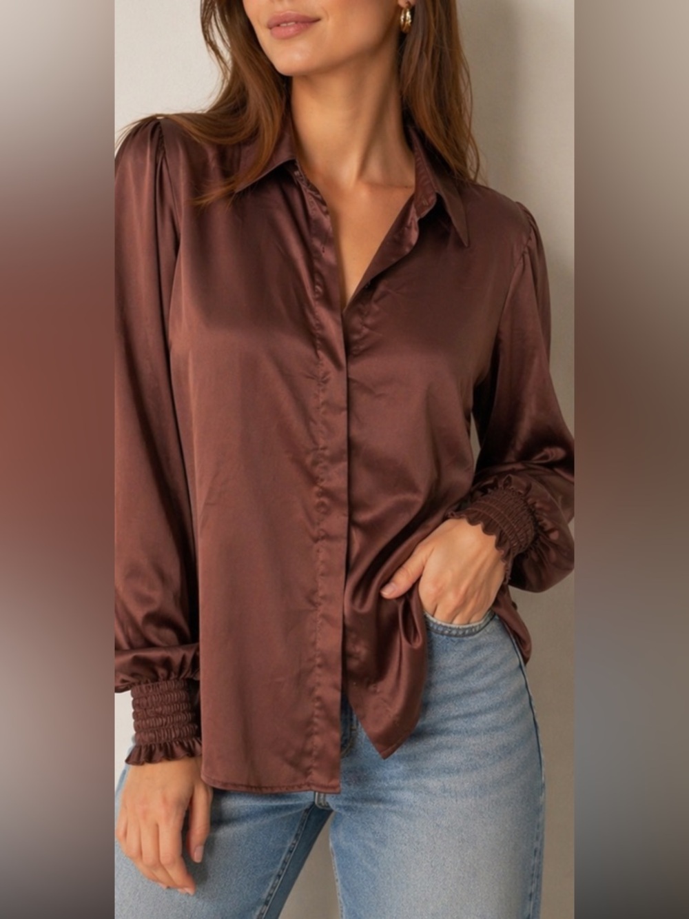 Express Brown Satin Blouse Smocked Cuff Button Front Long Sleeve Top Women L